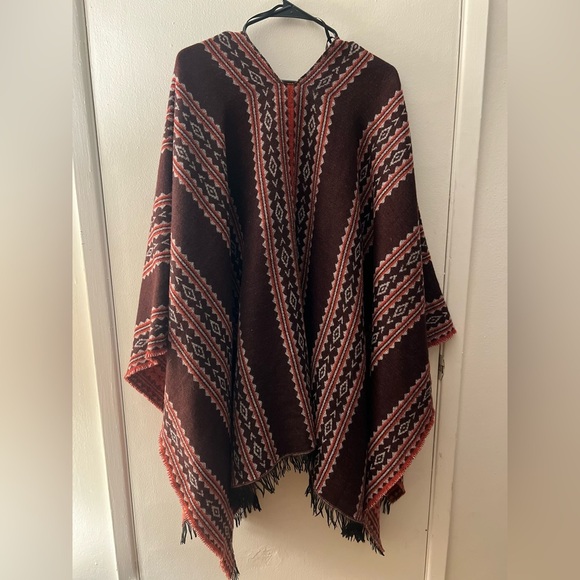 Marc New York Red and Brown Knit Poncho, red and Brown Aztec Boho Cape, one size - Picture 6 of 11